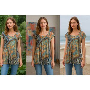 Johnny Was Women Silk Boho Tunic XS Multicolor Floral Geometric Coastal Indie